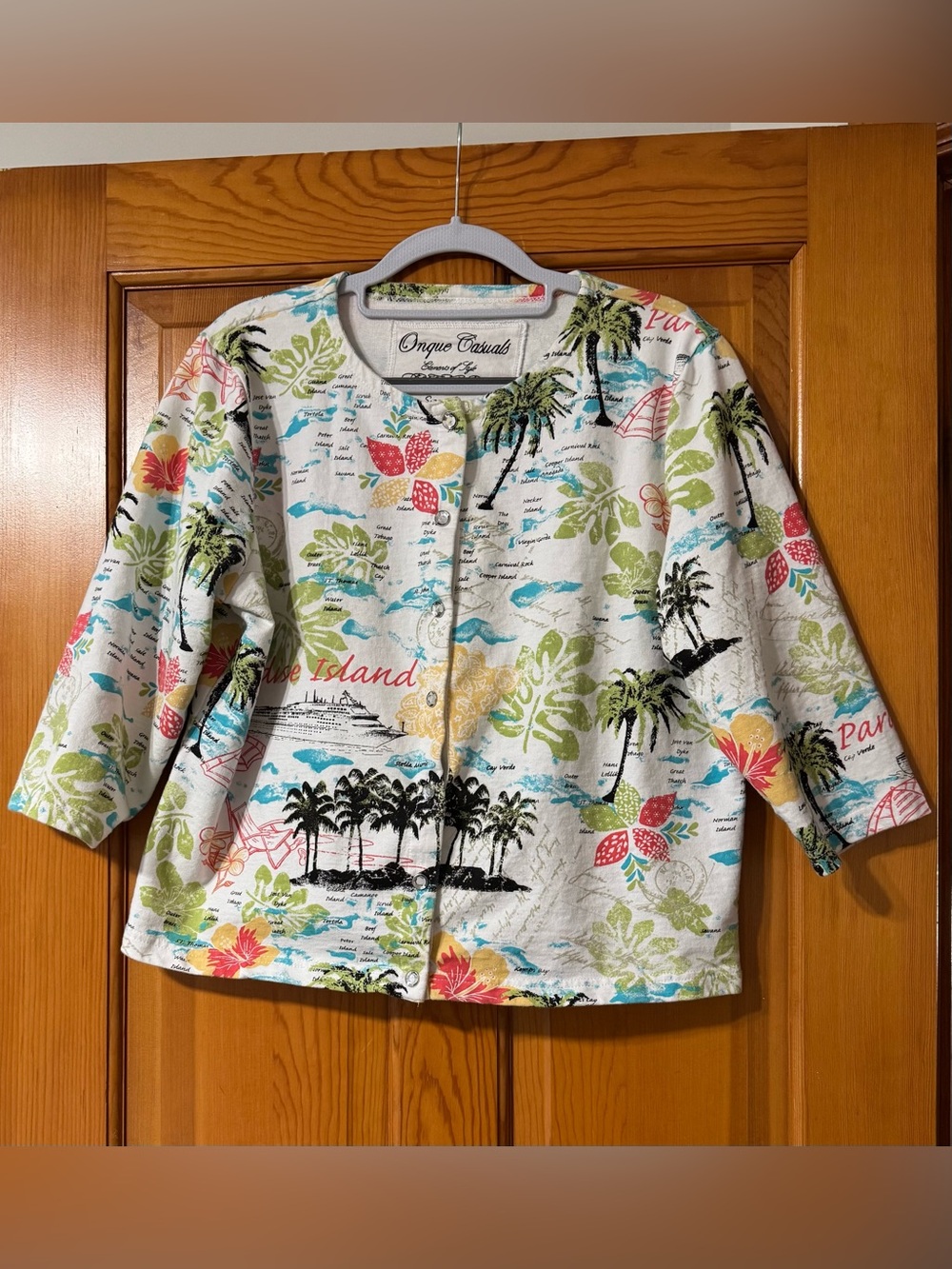 Onque Casuals White Jacket with Black Script and Blue & Green Floral Accents